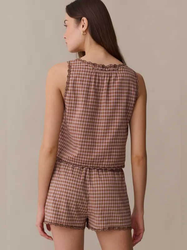 NWT Few Moda Lila Shorts size Large L gingham brown rust lace trim Kourt - Image 4