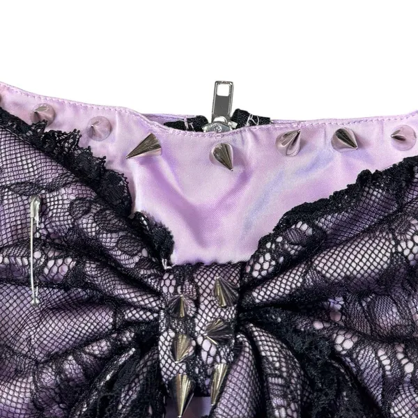 Dolls Kill Bow Lace Up Corset Top Size S Purple Black Ribbon Spikes Safety Pin - Image 6