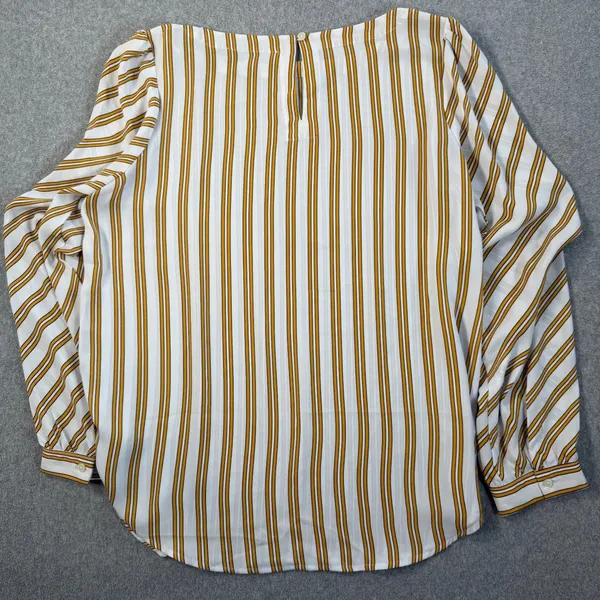 LOFT Women's Medium White Yellow Stripe Long Sleeve Keyhole Back Blouse Top - Image 9