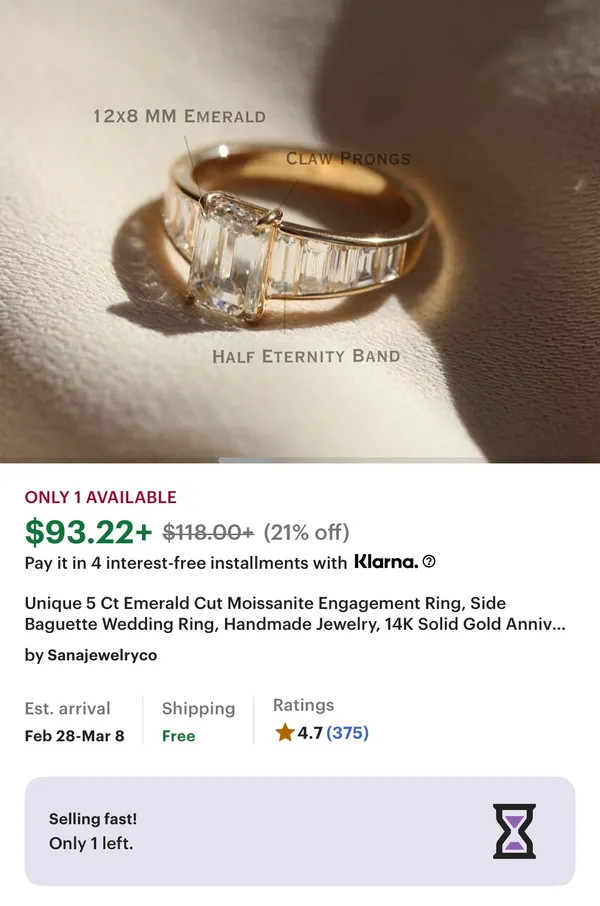 Etsy Vintage Cut Gold Moissanite Ring Size 9 - Image 2
