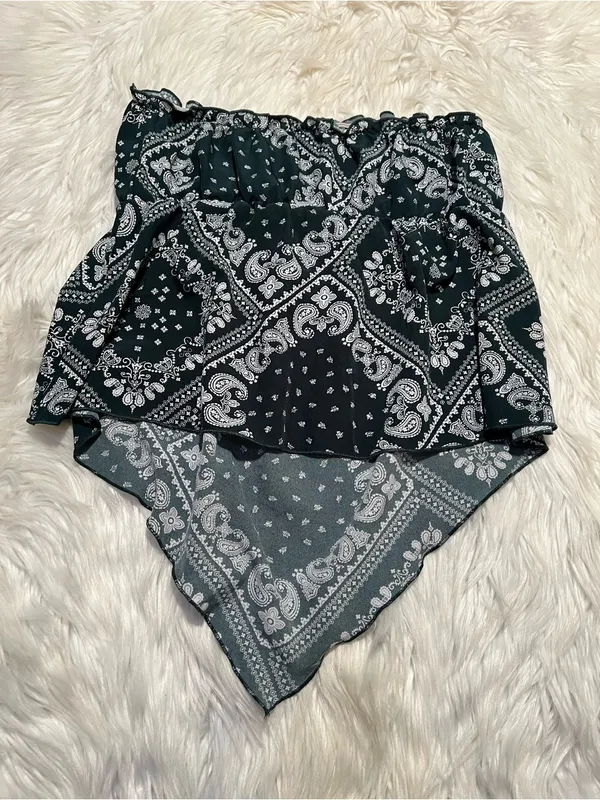 Women's Paisley Print Tube Top Handkerchief Dark Green White Stretch Elastic - Image 5