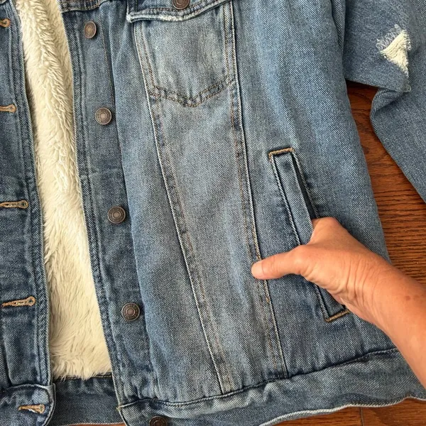 Pacsun Sherpa Denim Trucker Jacket Fleece Lined Size Large Distressed - Image 8