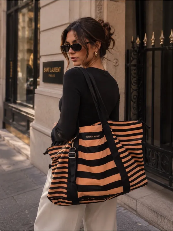 PINK Victoria's Secret Black and Tan Striped Tote - Image 2