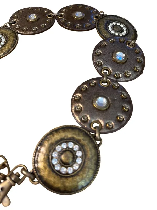 Vtg Navajo Style Metal Leather Disc Belt Rhinestones Chain Western Festival 45" - Image 3
