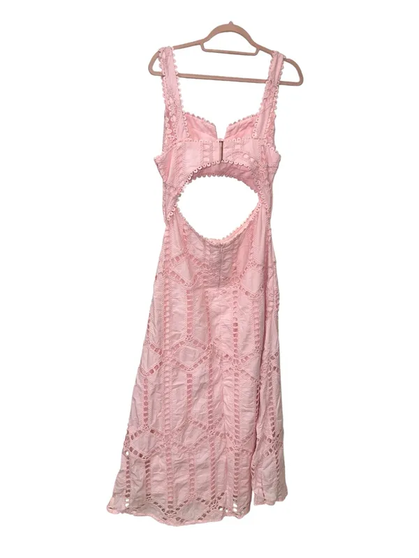 Commense Pink Eyelet Embroidery Cutout Waist Midi Dress Size L NWT - Image 3