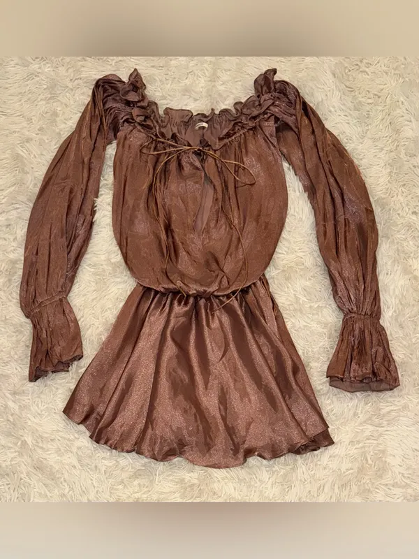 NEW House Of Cb Hazelnut Chaya Off Shoulder Chiffon Blouson Long Sleeve dress S - Image 4