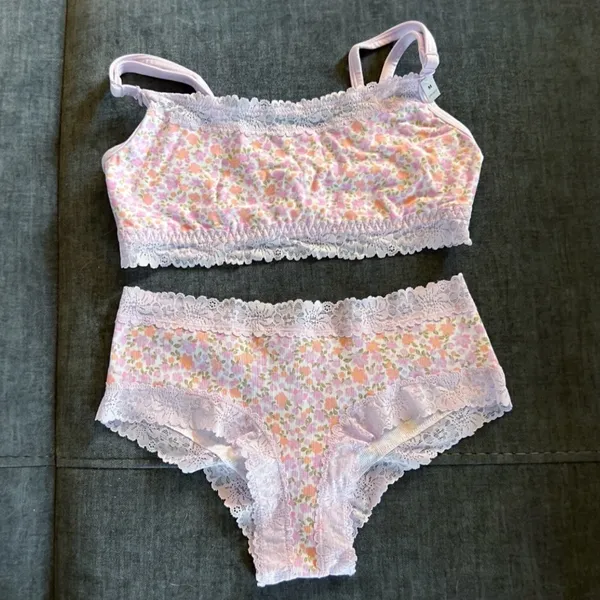 💐VS PINK Cotton Lace Trim Bralette & Cotton Cheeky Panty Petite Lilac Floral M - Image 3