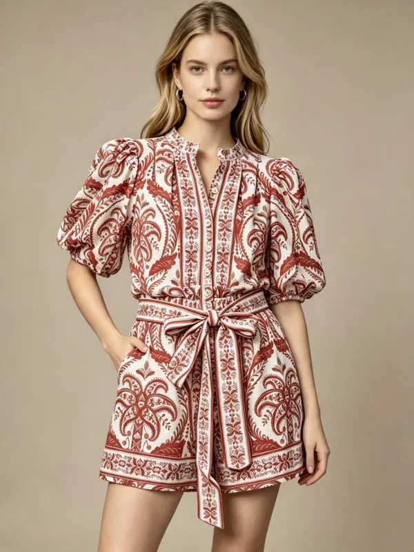 NWT Farm Rio Tropical Cameo Belted Romper Size M 100% Cotton Puff Sleeves - Image 2