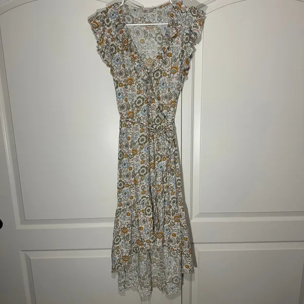 Faherty Carmen Floral Print Wrap Midi Dress‎ Ruffle Short Sleeve Hi Low Small - Image 3
