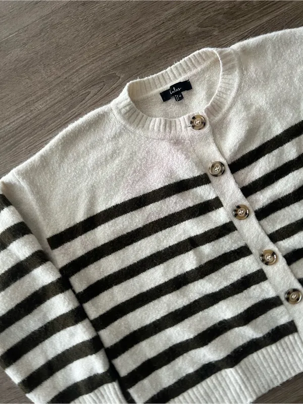Lulus Knit Cardigan Womens Medium Ivory Olive Striped Fuzzy Wool Blend Cropped - Image 8
