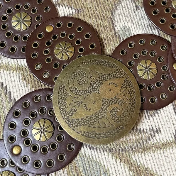 Brown Faux Leather Belt Western Disc with Antique Gold M/L Medium Large - Image 2