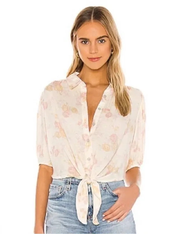 Free People Celia Printed Floral Blouse Ivory Pink Tie Front Puff Sleeve S - Image 5