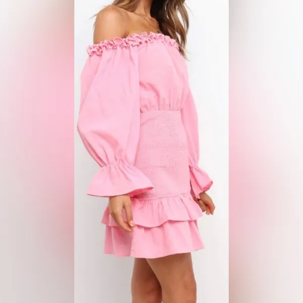 Woman’s Petal & Pup Pink Off-the-Shoulder Smocked Ruffle Mini Dress Size Medium - Image 6