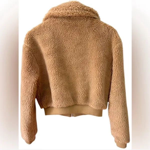 Tiger Mist Women’s Tan Brown Teddy Plush Cropped Bomber Jacket Pockets‎ Zip XS - Image 4