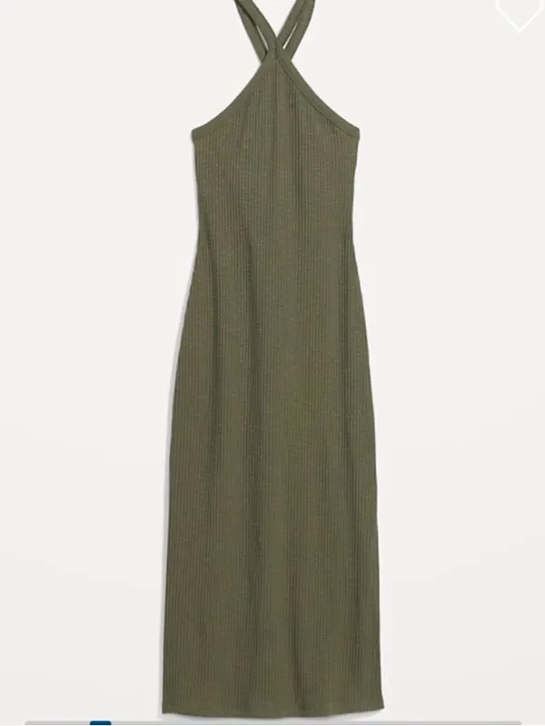 Halter Ribbed Midi Dress Shelf Bra Fitted Women's Rib Knit Green Bodycon M NWT - Image 4