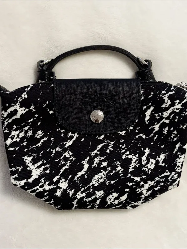 Longchamp Le Pliage Black White Marble Print Mini Nylon Top Handle Pouch Bag - Image 2