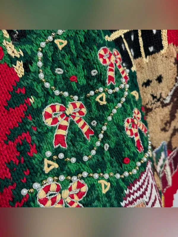 Vintage 90s Tiara International Red Christmas Sweater Sz Medium Teddy Bear Tree - Image 7