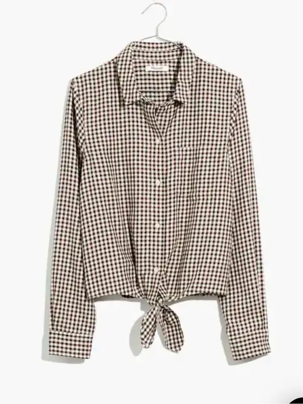 Madewell Gingham Flannel Tie Front Shirt Brown Gingham Check size Large $80 - Image 4