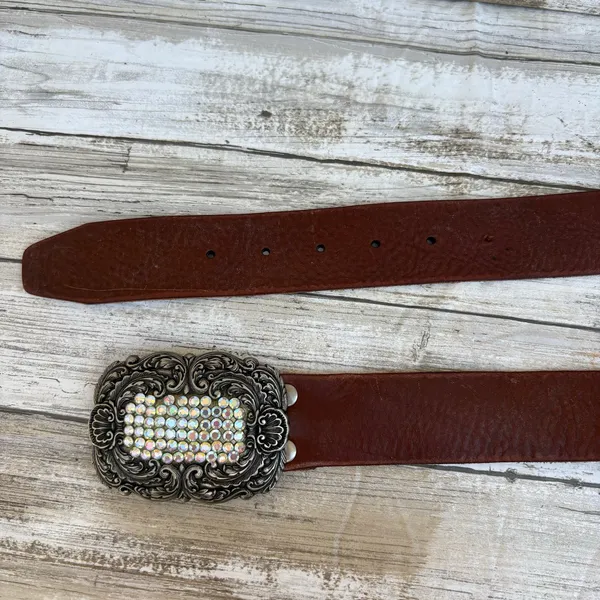 VTG Fossil Leather Belt‎ Brown Sz M Rhinestone Embellished Cowgirl Western y2K - Image 11
