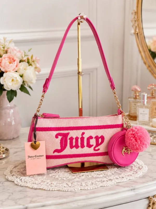 Juicy Couture Juicy Resort Pink Chenille Baguette Bag Coin Pouch NWT - Image 3
