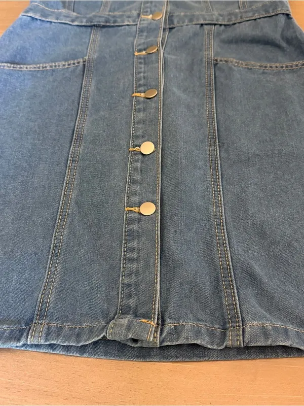 SHEIN Denim Button Front Shirt Dress Blue Short Sleeve Pockets Size L - Image 4
