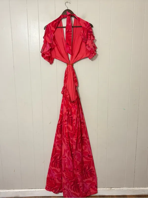 VICI Carlita Ruffle Cutout Maxi Dress Red Pink Tropical Size Medium M - Image 9