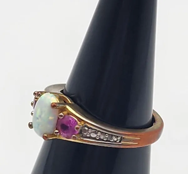 Kiran Jewelers Gold Tone White Fire Opal, Pink Topaz, & Diamond Ring (7) - Image 2