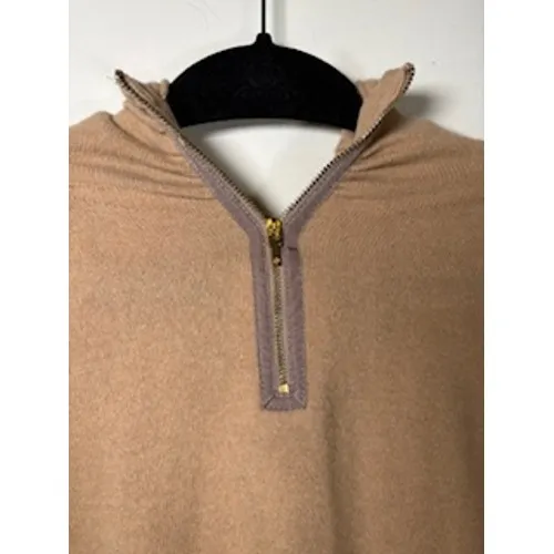 TORY BURCH Cashmere Quarter Zip Sweater S Tan‎ Gold Logo Pull Luxury Knit - Image 2