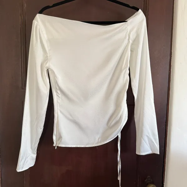 REFORMATION | White Jacquard Satin Allira Asymmetrical Off Shoulder Blouse | 0 - Image 6