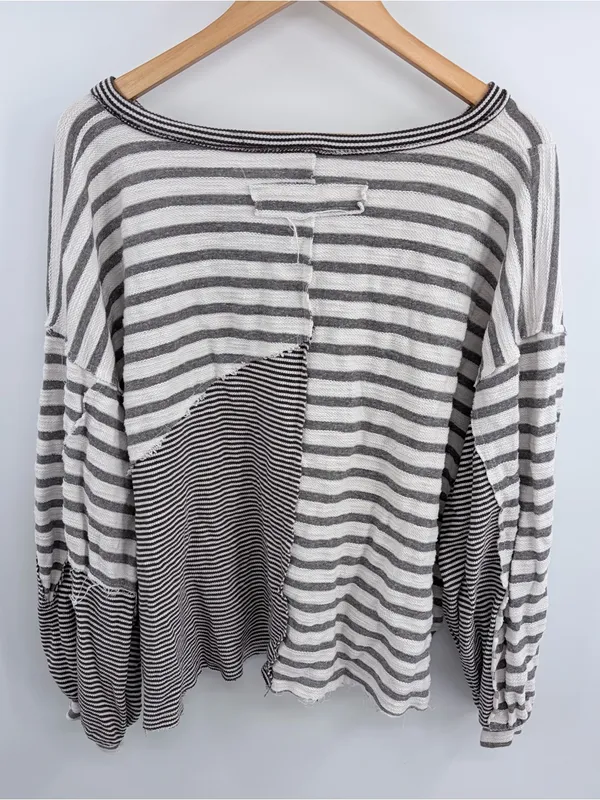 POL gray and white striped patch raw edge v-neck oversized sweater women’s L - Image 4