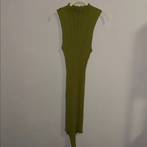 Sleeveless Ribbed Knit Dress Mock Neck in Bright Olive Green - Image 3