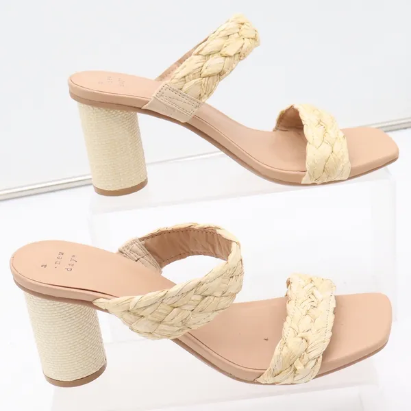 A New Day Braided Raffia Block Heel Mules Beige Square Toe Sandals Womens Size 8 - Image 2