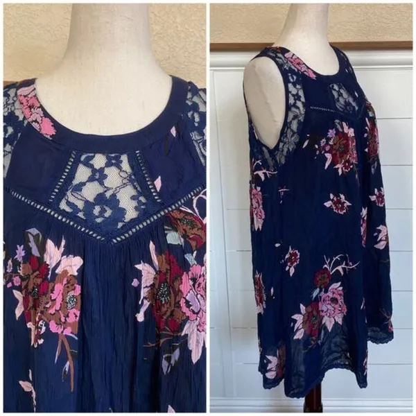Patrons of Peace Navy Floral Lace Inset Sleeveless Boho Mini Dress NWT‎ Size S - Image 5
