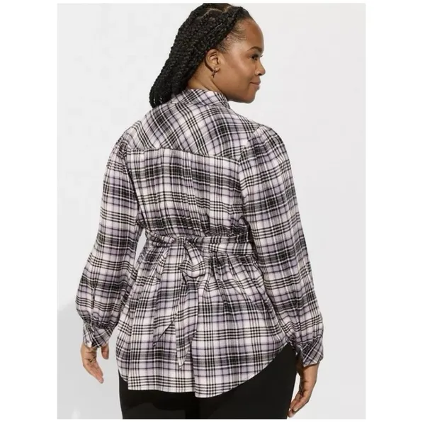 Torrid Soft Flannel Tie Back Button Up Tunic‎ Purple Plaid Size 1X - Image 3