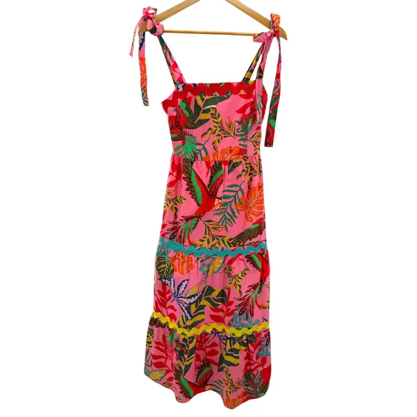Avara Susana Maxi Dress XS NWT Pink Tropical Parrot Palm Rick Rack Cotton Tiered - Image 2