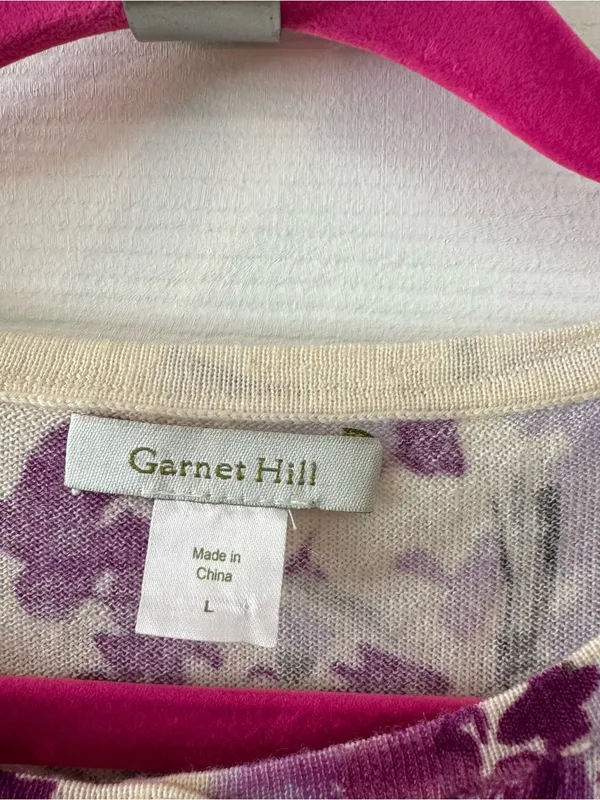 Garnet Hill Merino Wool Floral Bird Cardigan Purple Size Large - Image 4