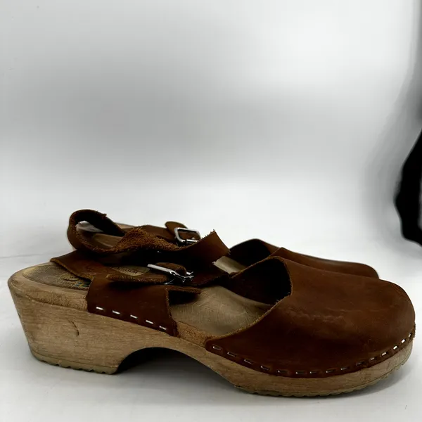 Lotta Highwood Clogs Leather Ankle Strap Heel Closed Toe Wood Cognac Brown 9 - Image 3