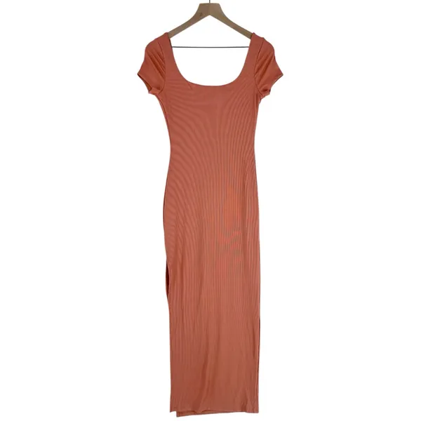 Haute Monde‎ Blush Pink Stretch Ribbed Jersey Knit Side Slit Bodycon Maxi Dress - Image 2