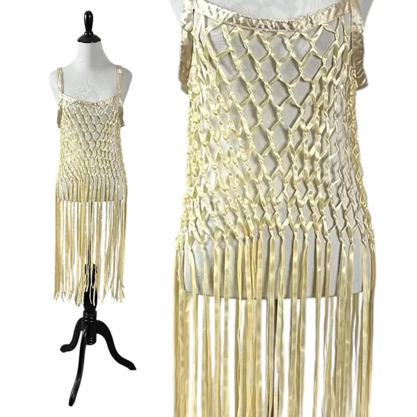 Urban Outfitters Coquette Dainty See Through Satin Ribbon Bow Fringe Midi Top in Blush Small - Image 4