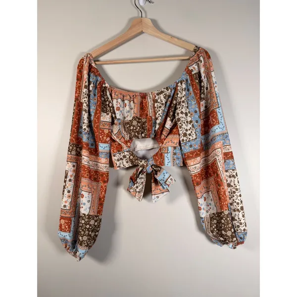 Altar'd State Floral Patchwork Crop Top Long Balloon Sleeve Boho Rust Blue Large - Image 8