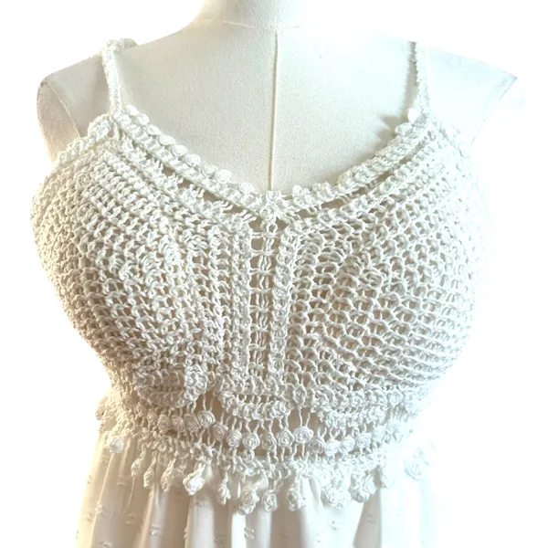 Crochet Midi Baby Doll Halter Dress Y2K Fairy White Shein Textured Tiered SZ SM - Image 3