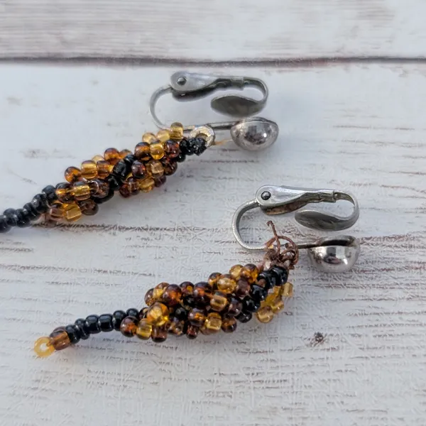 Vintage Clip On Earrings Beaded Dangle Amber Tones & Black - Image 4