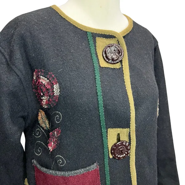 Parsley & Sage Sweater Jacket Womens S Black Multi Wool Patchwork Artful Cottage - Image 5