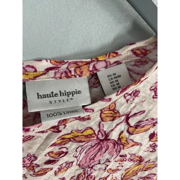 Haute Hippie Style Womens Top Floral Linen Button Back Cap Sleeve Pink Medium - Image 4
