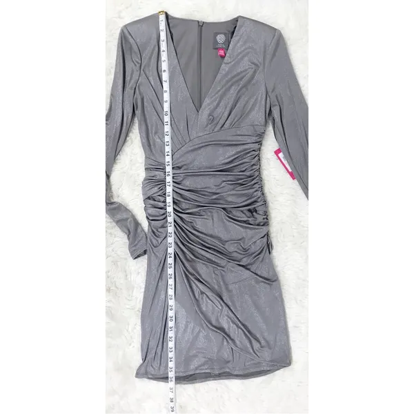 VINCE CAMUTO Silver Fitted‎ Cocktail Dress Size 2 Metallic Ruched Formal New - Image 13
