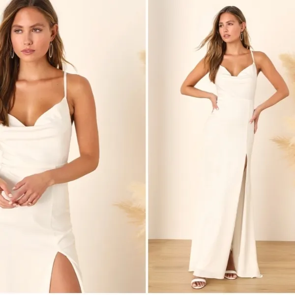 LULU's Bridal Sexy Sophisticated White Satin Cowl Neck Chic Wedding Gown - Image 3