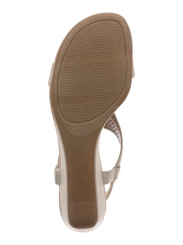 NWT Style & Co. T Strap Elastic Wedge Sandals Platinum Gray / Tan Brown 6.5M - Image 2