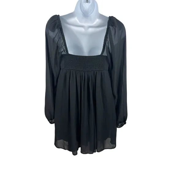 Abercrombie & Fitch Black Smocked Babydoll Mini Dress XS Sheer Sleeve Coquette - Image 4
