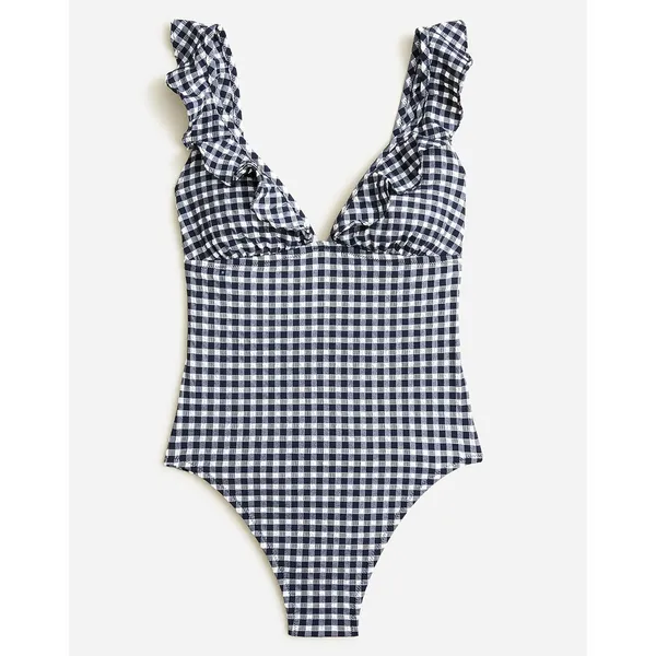 J.Crew Ruffle V Neck One Piece Gingham Swimsuit Padded Navy Retro US 24 NWT - Image 2