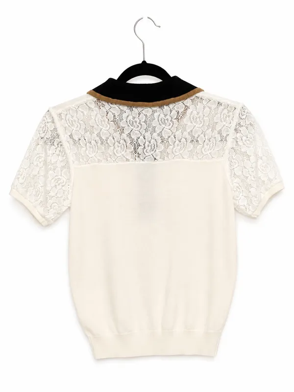 Wardrobe Womens Ivory Lace Polo Sweater Top Medium Contrast Collar Preppy Mod - Image 3